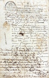 Certidão manuscrita em língua espanhola, emitida em 15 de Fevereiro de 1818 por D. António Romero, Cura próprio del Sacrario de la Santa Catedral da Cidade de Cádiz, transcrevendo um assento paroquial registado nos livros dessa Igreja.